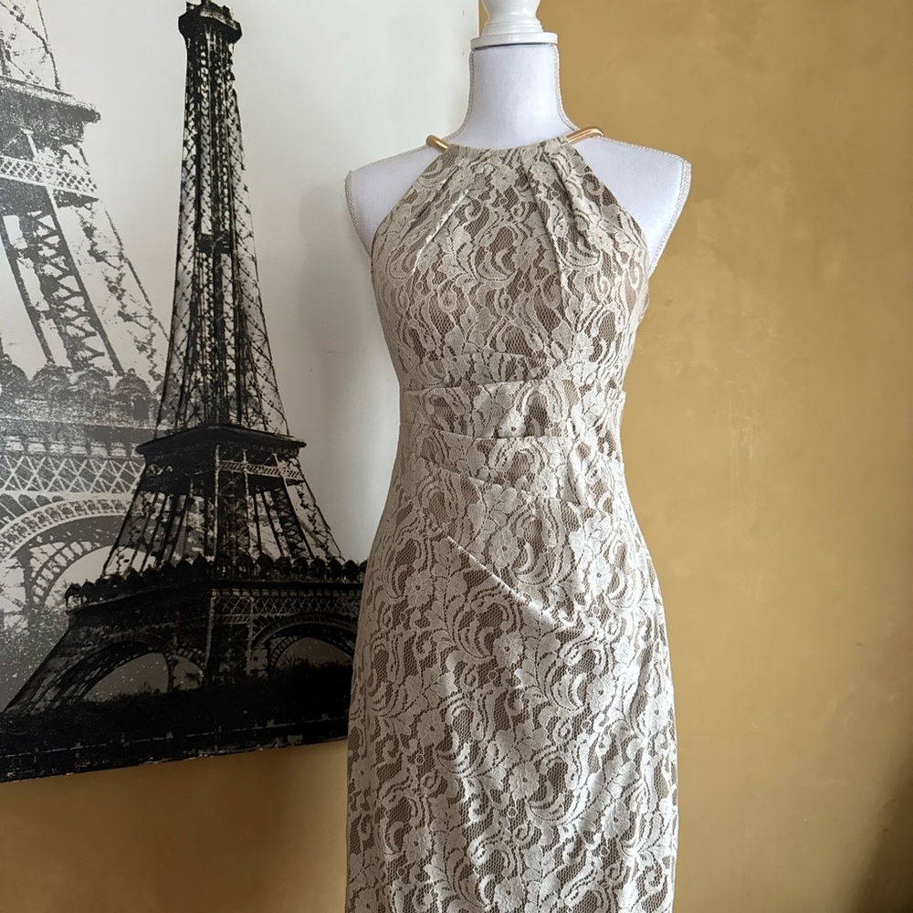 Eliza J Lace Halter Midi Dress in Beige